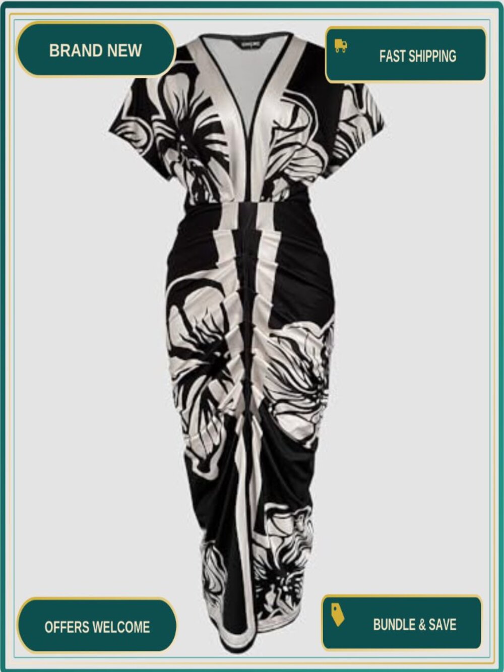 Women's Plunge V-Neck Ruched Midi Dress Floral Bodycon Side Slit - Picture 4 of 6